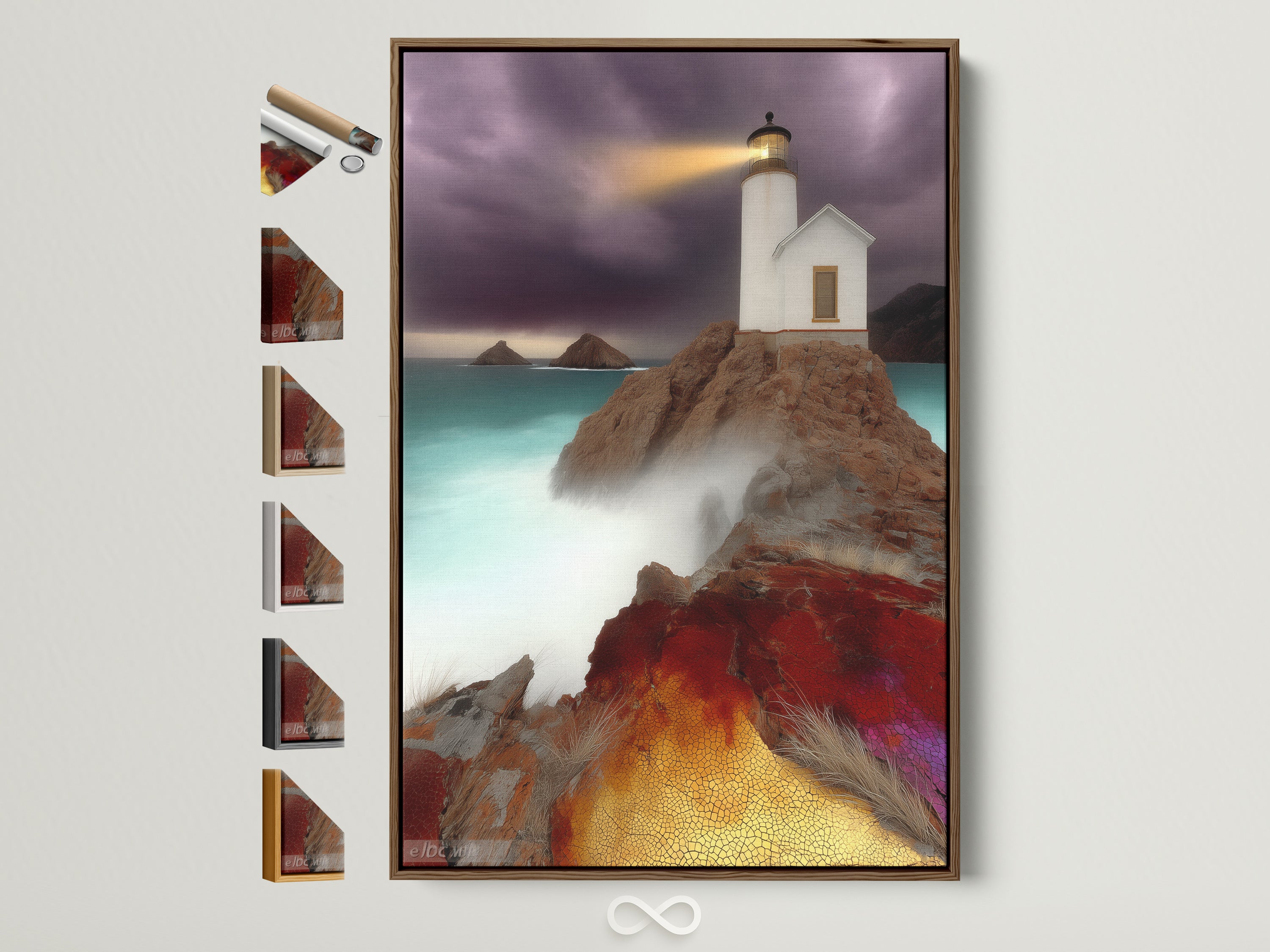 Lighthouse coastal art in a brown frame. This nautical artwork adds a touch of seaside charm. See all frame options available. Ideal for beach house art or ocean wall art. Explore our coastal artwork collection today.