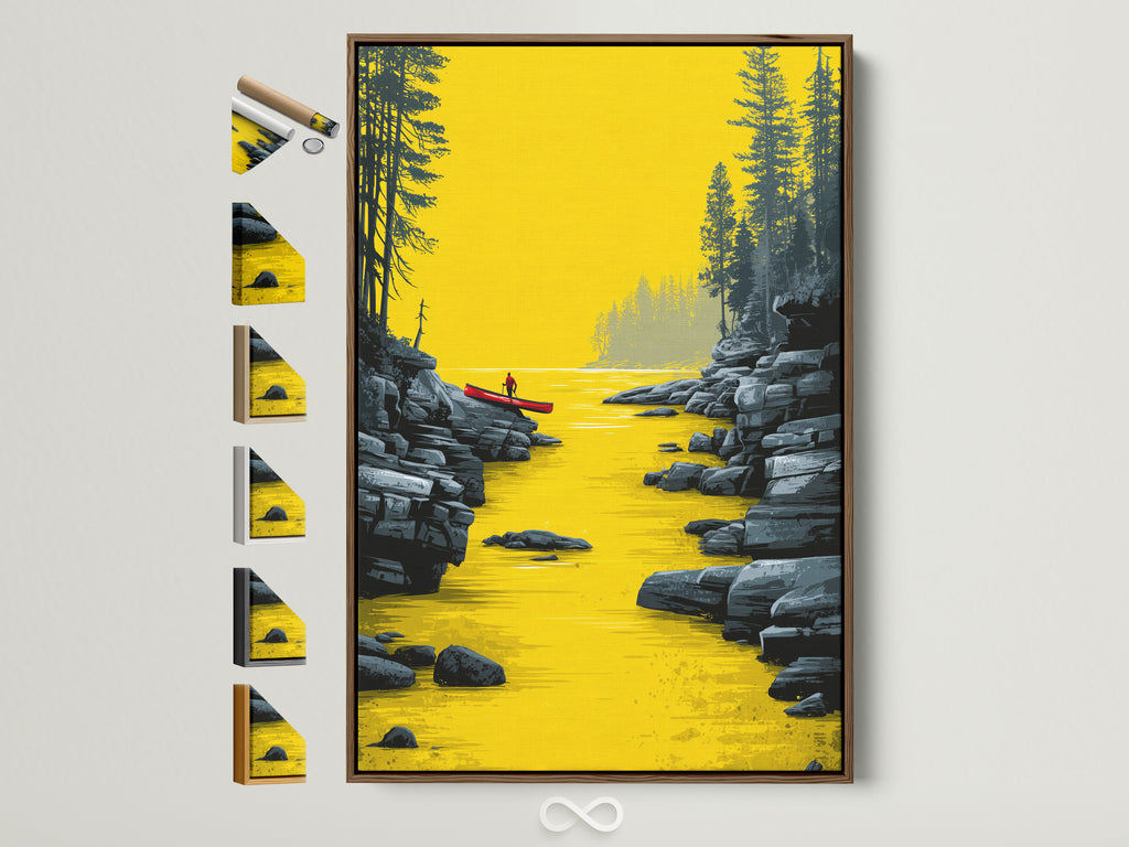 River Kayak Canvas Artwork with a Brown Frame. The artwork features a serene river scene with a lone kayaker. All frame options are displayed. Perfect modern landscape artwork for your office or living room. Elevate your space with this golden yellow wall art today.