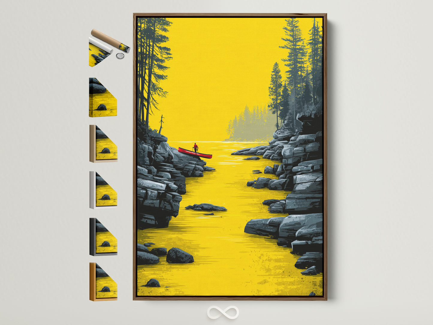 River Kayak Canvas Artwork with a Brown Frame. The artwork features a serene river scene with a lone kayaker. All frame options are displayed. Perfect modern landscape artwork for your office or living room. Elevate your space with this golden yellow wall art today.