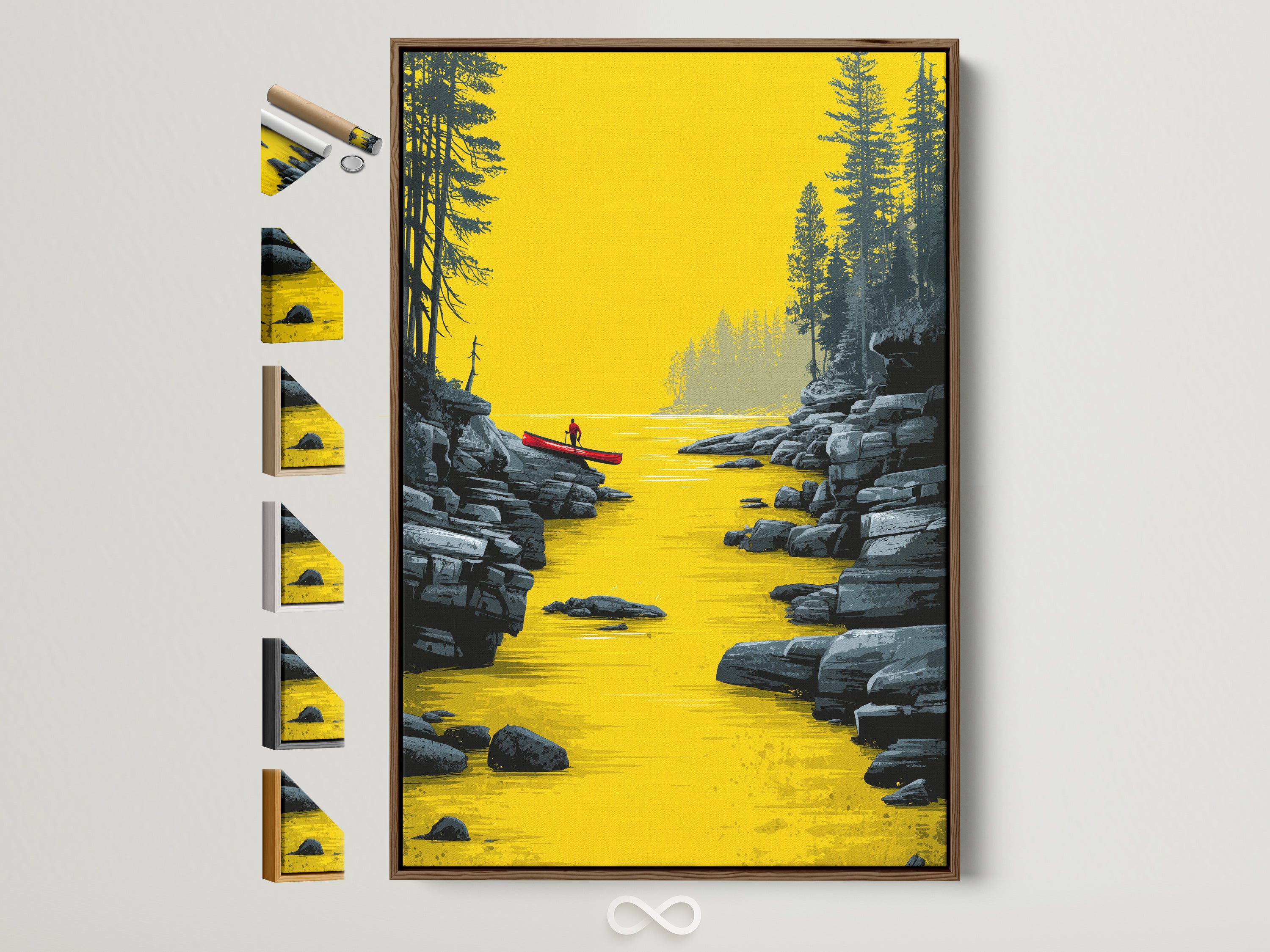 River Kayak Canvas Artwork with a Brown Frame. The artwork features a serene river scene with a lone kayaker. All frame options are displayed. Perfect modern landscape artwork for your office or living room. Elevate your space with this golden yellow wall art today.