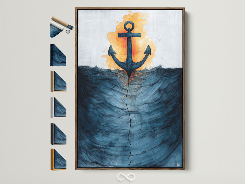 Explore framed nautical artwork. The art features an anchor and ocean waves. It is displayed in a brown frame. See all available frame options for our coastal art prints. Transform your space with ocean-inspired wall art.