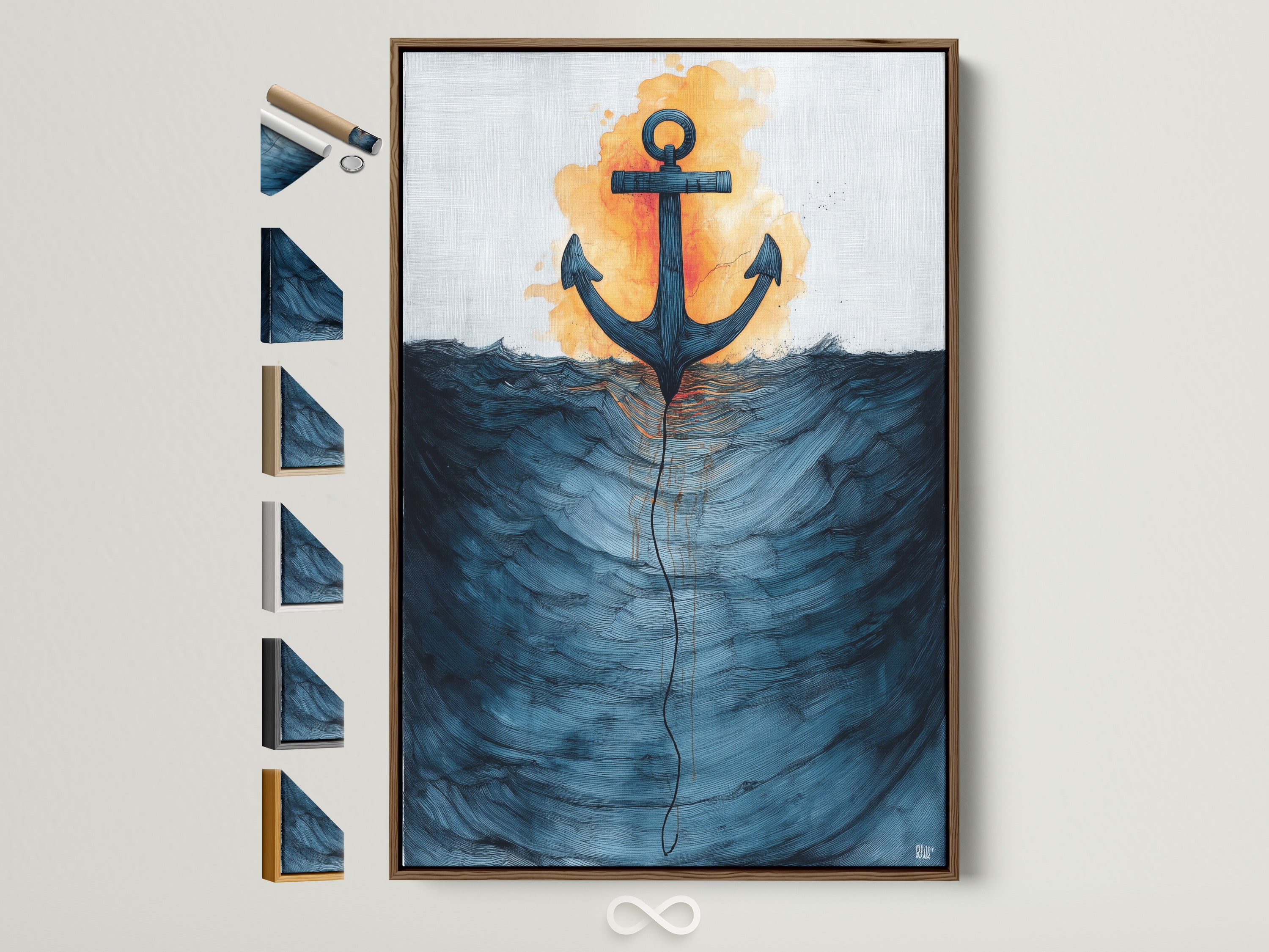Explore framed nautical artwork. The art features an anchor and ocean waves. It is displayed in a brown frame. See all available frame options for our coastal art prints. Transform your space with ocean-inspired wall art.
