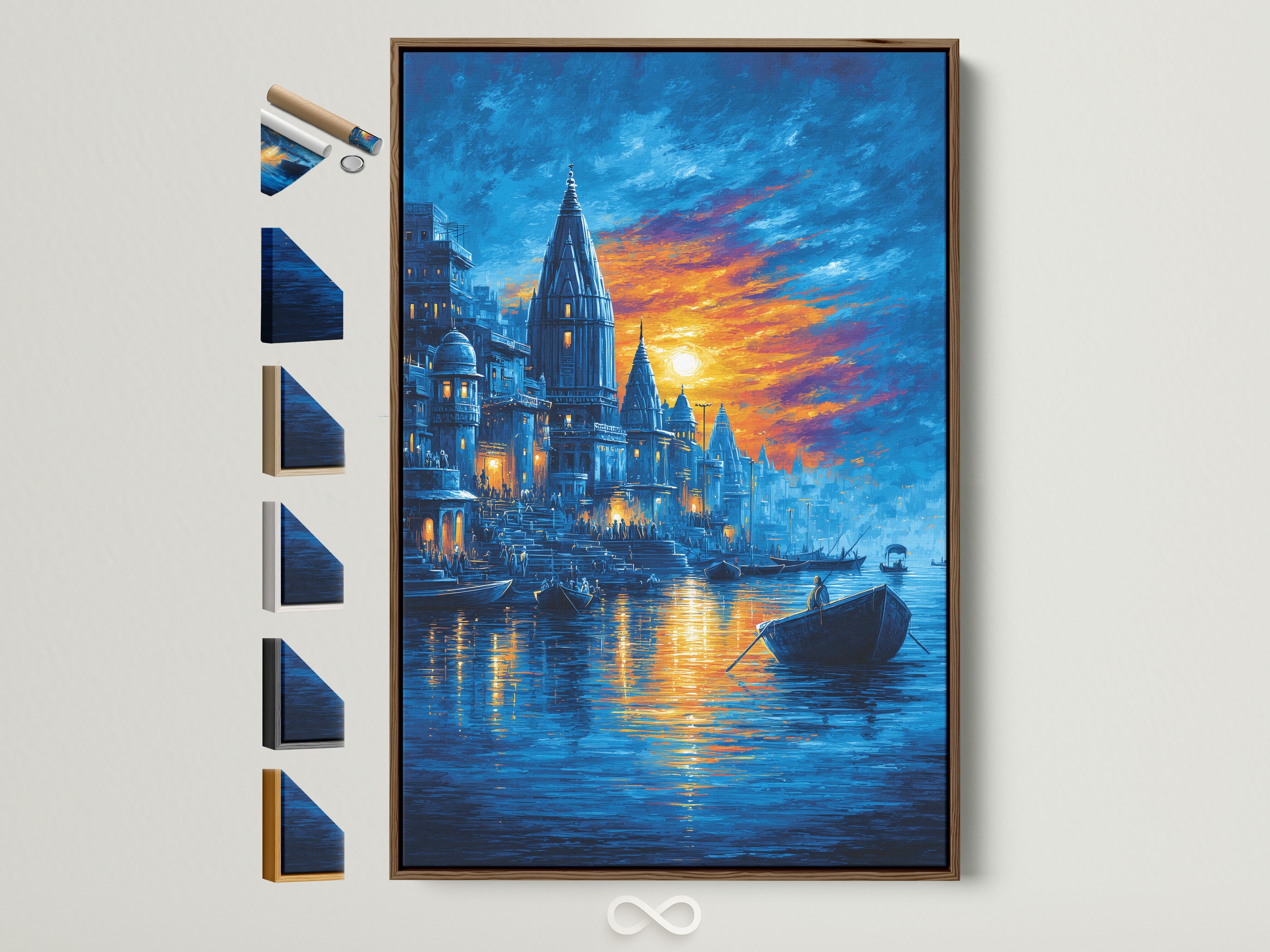 Varanasi Sunset Wall Artwork is showcased in a brown frame. This Indian Temple Canvas Print brings a touch of spiritual wall art to any space. Explore frame options to customize your sacred river painting for a meditation room or living area. The blue and orange hues create a peaceful ambiance.