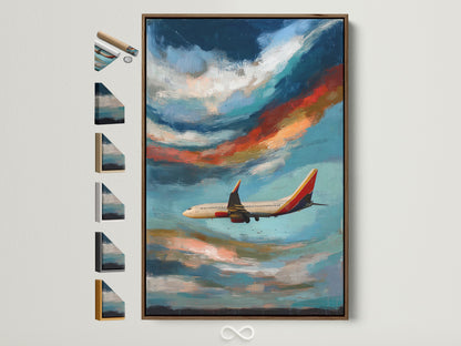 Airplane artwork with a brown frame displayed on a white wall. Frame options are visible on the side. This aviation print features sky and cloudscape elements. Ideal for aviation enthusiasts and office wall decor. A perfect pilot gift.