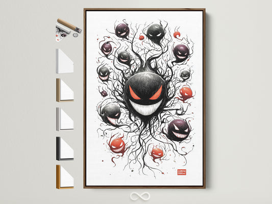 A brown frame displays whimsical spooky wall art. Frame options are showcased on the side. This ghostly spirits canvas art is perfect Halloween decor for a game room. It makes a unique gamer gift. The artwork features cartoon spirits and eerie yet playful decor.