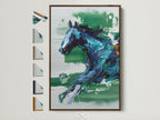 Explore frame options for this abstract equestrian artwork. The brown frame is displayed prominently. Side options showcase frame styles for horse art prints. Discover the perfect frame to complement your decor.