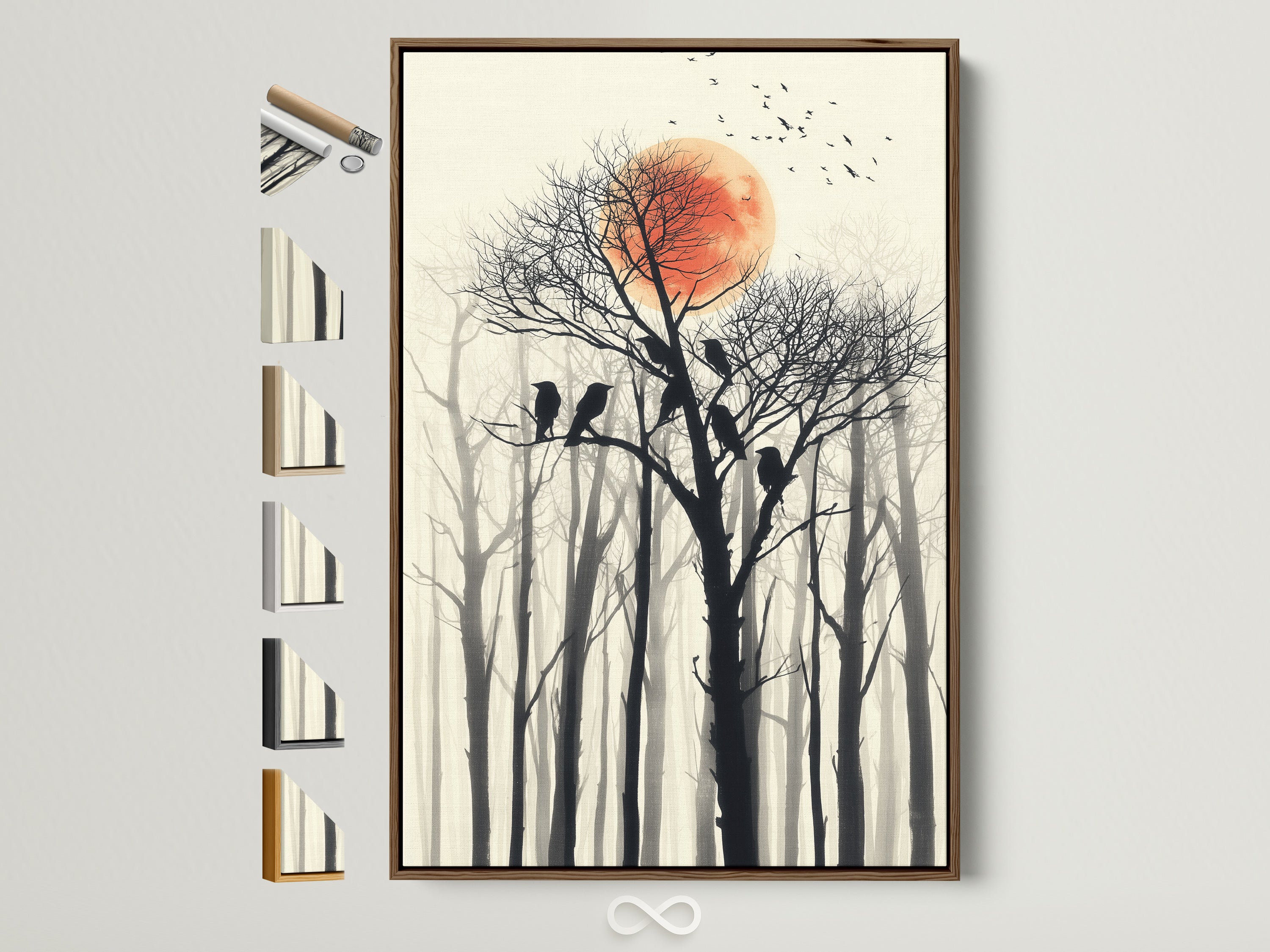 Birds on tree canvas print. This artwork features a red sun and a forest silhouette. The artwork is framed in a brown frame. See all frame options available. Great for living room art or office wall decor.
