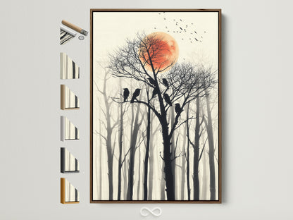 Birds on tree canvas print. This artwork features a red sun and a forest silhouette. The artwork is framed in a brown frame. See all frame options available. Great for living room art or office wall decor.