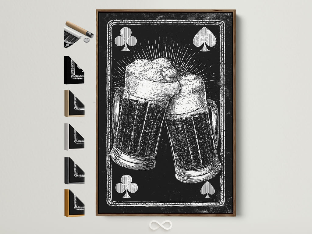Framed artwork featuring a playing card beer mug art print. The artwork is framed in a brown frame. All frame options are displayed on the side. Perfect art for a game room or bar.