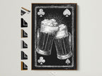Framed artwork featuring a playing card beer mug art print. The artwork is framed in a brown frame. All frame options are displayed on the side. Perfect art for a game room or bar.