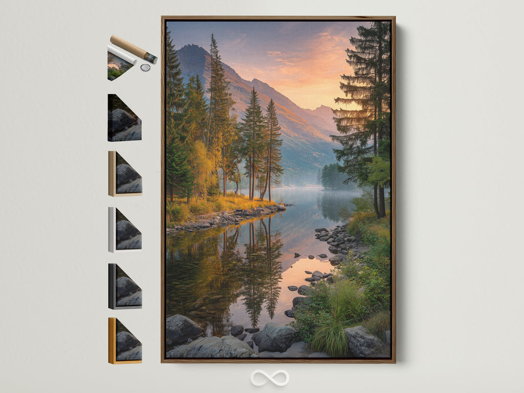 Brown frame showcasing a mountain lake canvas print. The landscape wall art features pine tree artwork ideal for cabin decor. This nature photography brings the outdoors in. Enhance your space with mountain art lake canvas and nature prints. Perfect for living rooms bedrooms and offices.