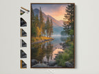 Brown frame showcasing a mountain lake canvas print. The landscape wall art features pine tree artwork ideal for cabin decor. This nature photography brings the outdoors in. Enhance your space with mountain art lake canvas and nature prints. Perfect for living rooms bedrooms and offices.