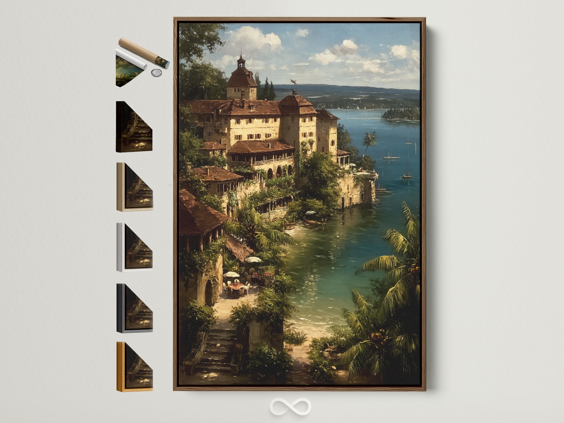Elevate your space with our Coastal Village Canvas Print framed in a warm brown. This Mediterranean Sea wall art brings vintage Italian Riviera charm to any room. A beautiful piece of coastal artwork perfect for living rooms bedrooms or offices. A brown frame showcases all frame options for your art.