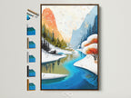Explore framed winter landscape artwork featuring a snowy mountain river. This teal and orange nature artwork is showcased with various frame options. Perfect wall art for your bedroom or living room. Discover the ideal frame to complement your style and enhance your space. Modern art for discerning homeowners.