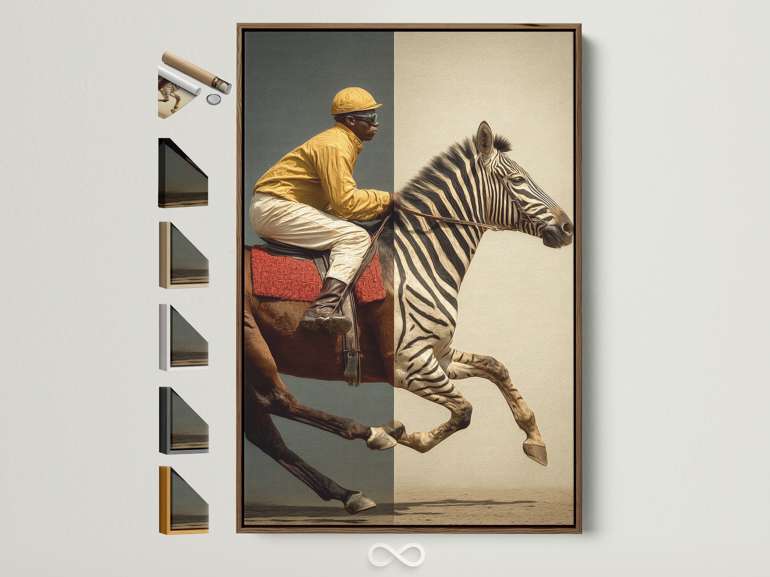 Artwork of a Jockey riding a Zebra and Horse Hybrid. This artwork is displayed in a brown frame. Explore various frame options to perfectly complement your space. Find the ideal frame to showcase your unique artwork.
