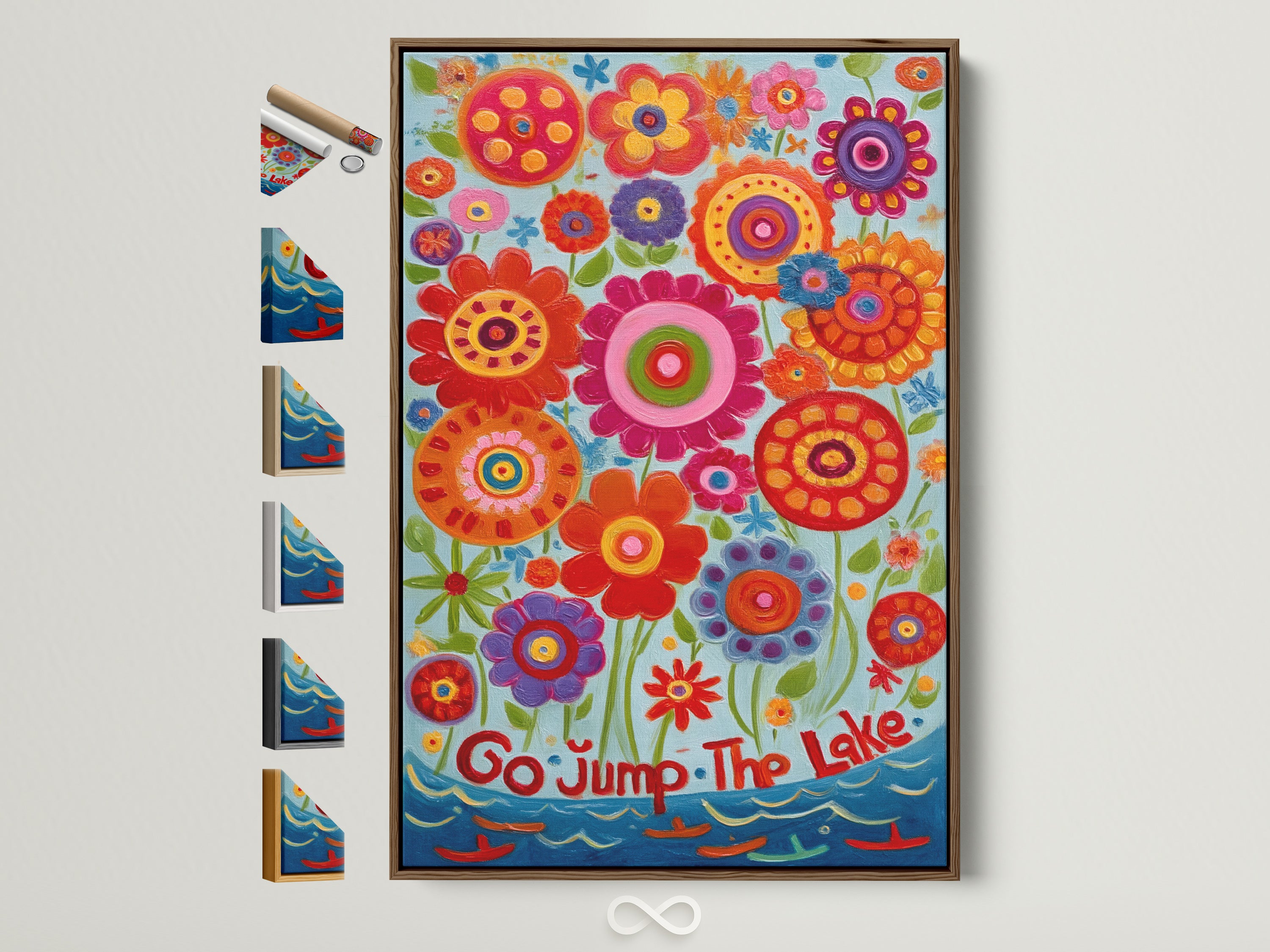 A vibrant floral canvas print is displayed in a brown frame. All frame options are visible on the side. The colorful flower wall art adds a whimsical touch to any room. Perfect for kids room decor or a cheerful home accent.