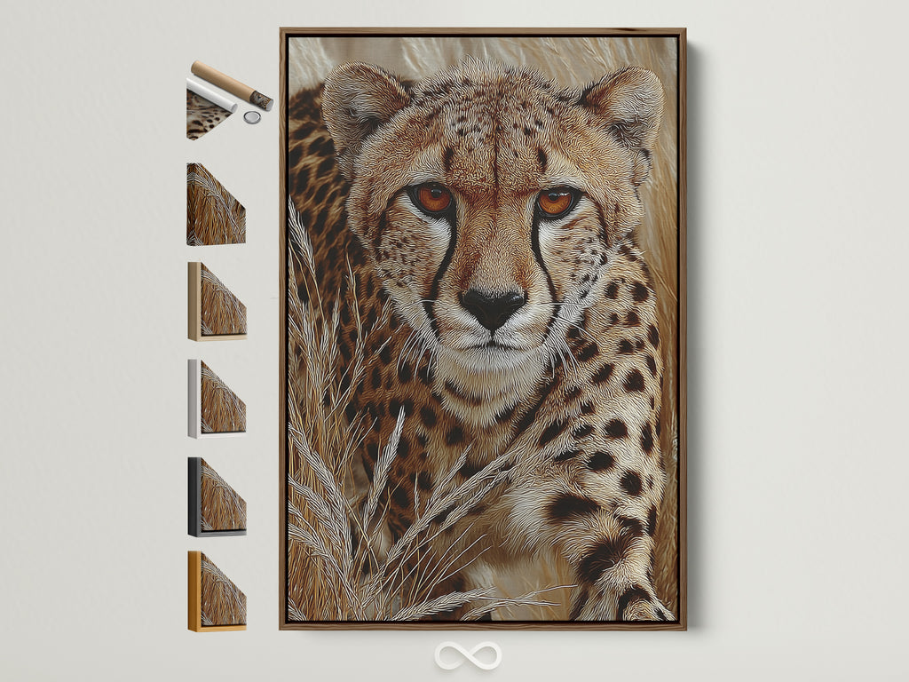A cheetah portrait canvas artwork is displayed within a brown frame. This frame is one of many frame options available. Perfect African wildlife wall art for safari-themed decor. Enhance your space with this big cat artwork.