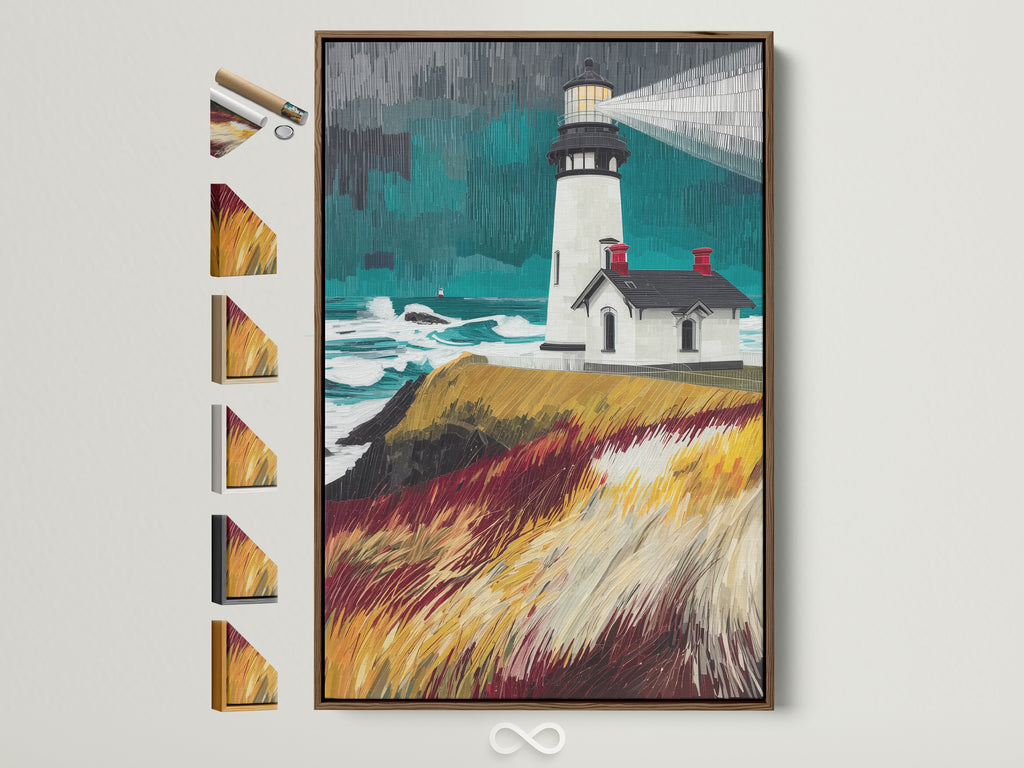A lighthouse coastal canvas artwork is displayed in a brown frame. Several frame options are presented on the side. This nautical seascape artwork brings a touch of the ocean to any office or home. The teal and gold accents complement minimalist and coastal styles. Perfect for adding a sea view print to your space.