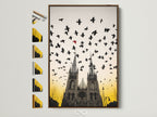 Gothic Cathedral artwork with birds in flight. The frame is brown. Explore framing options to match your aesthetic. Find the perfect frame for your gothic cathedral art. All frame options are displayed to the side.