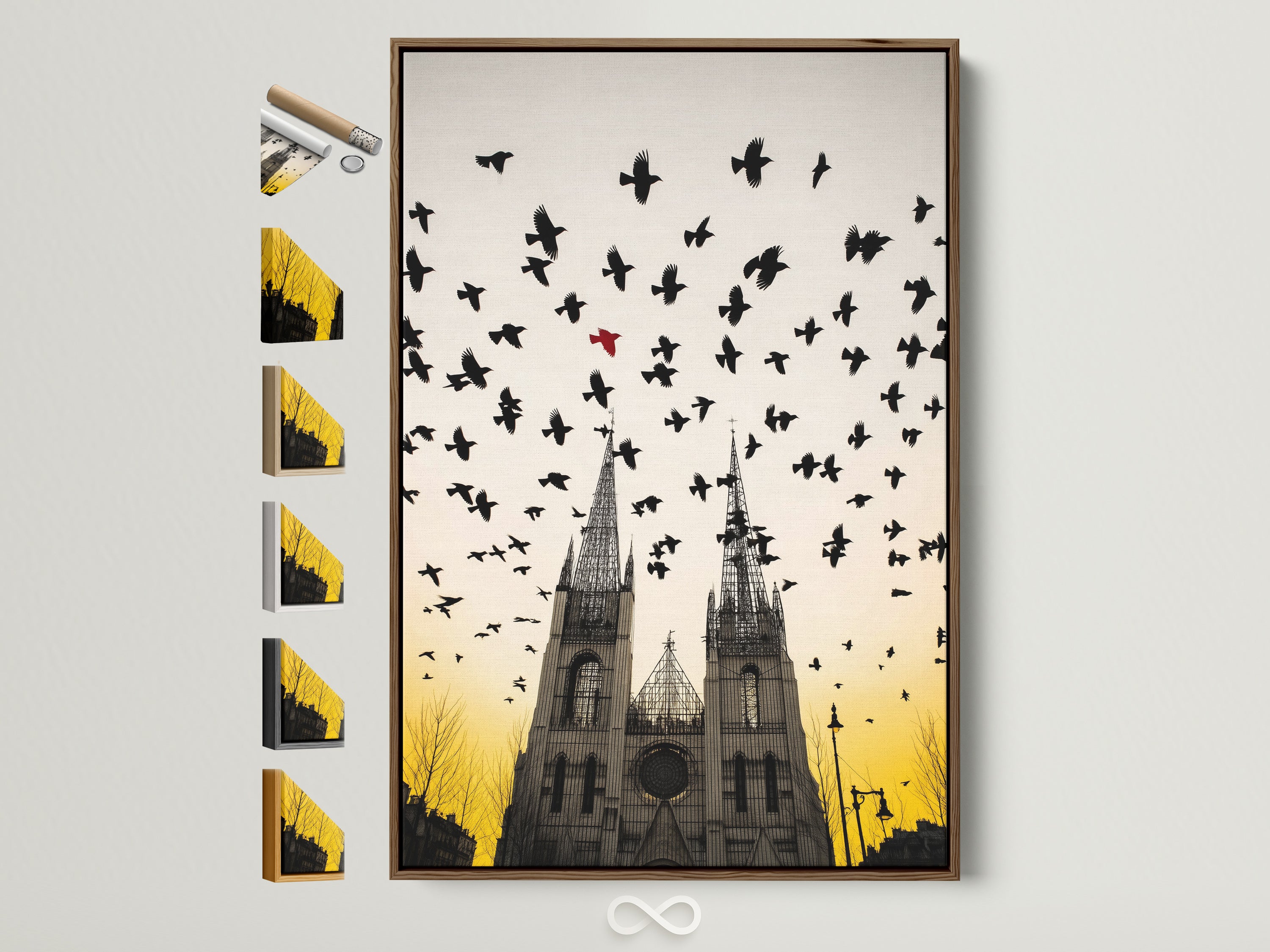 Gothic Cathedral artwork with birds in flight. The frame is brown. Explore framing options to match your aesthetic. Find the perfect frame for your gothic cathedral art. All frame options are displayed to the side.