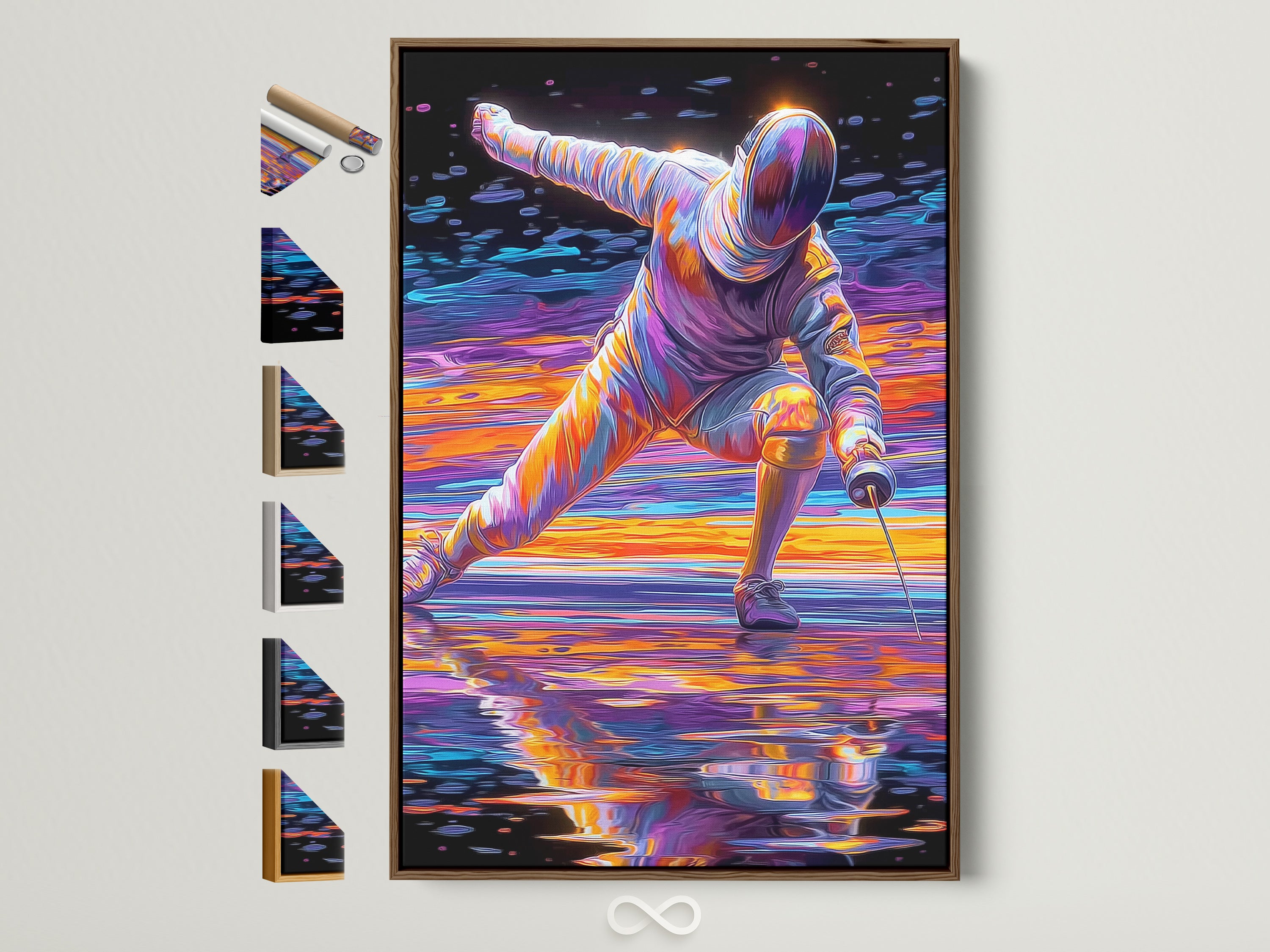 Fencing sport canvas print is displayed with a brown frame. This abstract duelist wall art adds a modern touch to any game room decor. See all frame options available. Perfect for sports enthusiasts seeking vibrant colors and action art.