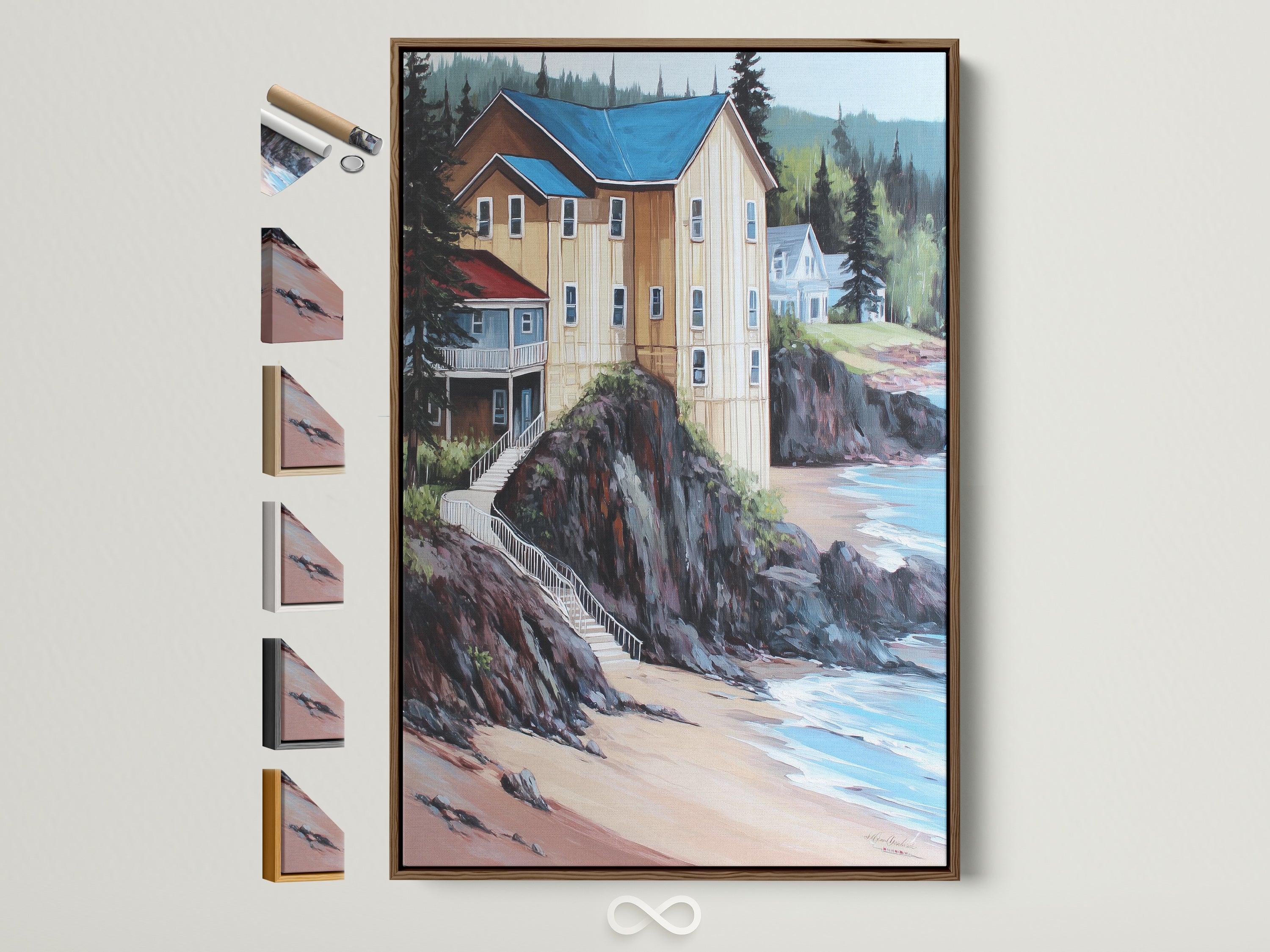 Coastal house artwork with a beige frame. This beach house wall art brings a nautical touch. The art depicts a charming house on a cliff overlooking the ocean. Perfect lake house art for minimalist coastal style. See all frame options available.