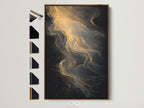 A piece of framed artwork hangs on a wall. The frame is brown. The artwork features a captivating abstract art with gold and black ink patterns. All frame options are displayed to the side. Enhance your space with stunning framed artwork.