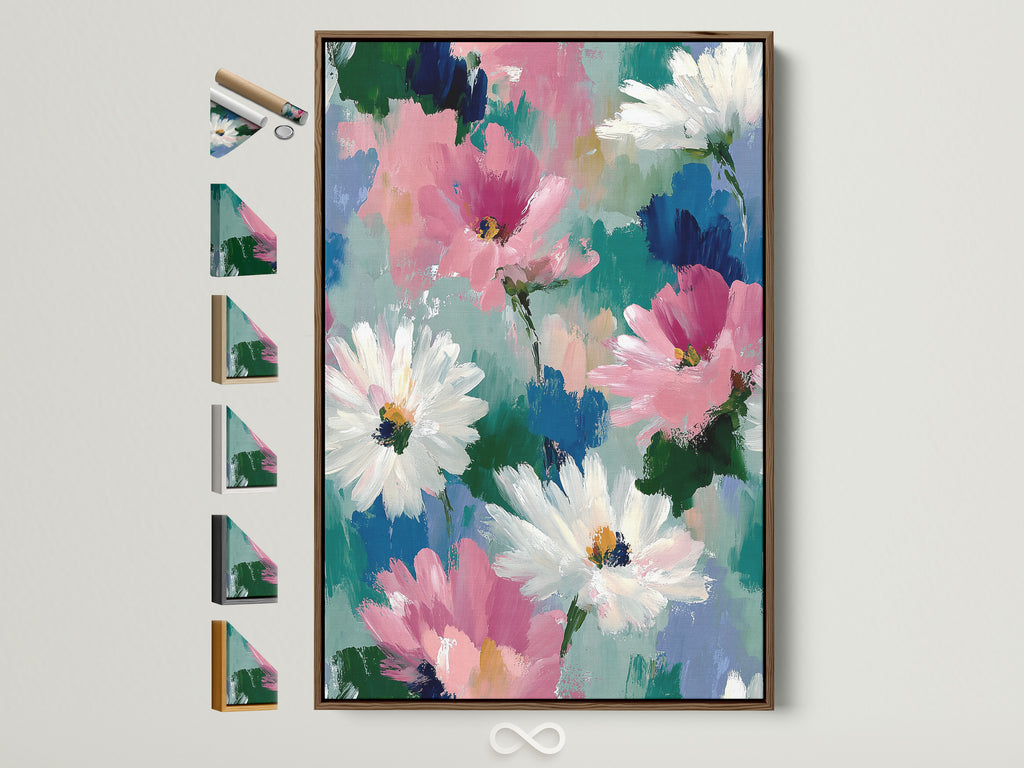 Elevate your space with abstract floral artwork. This pink and white daisy wall art is framed in a simple brown frame. See all frame options available. A beautiful impressionist botanical piece perfect for bedroom decor or any room needing a touch of spring.
