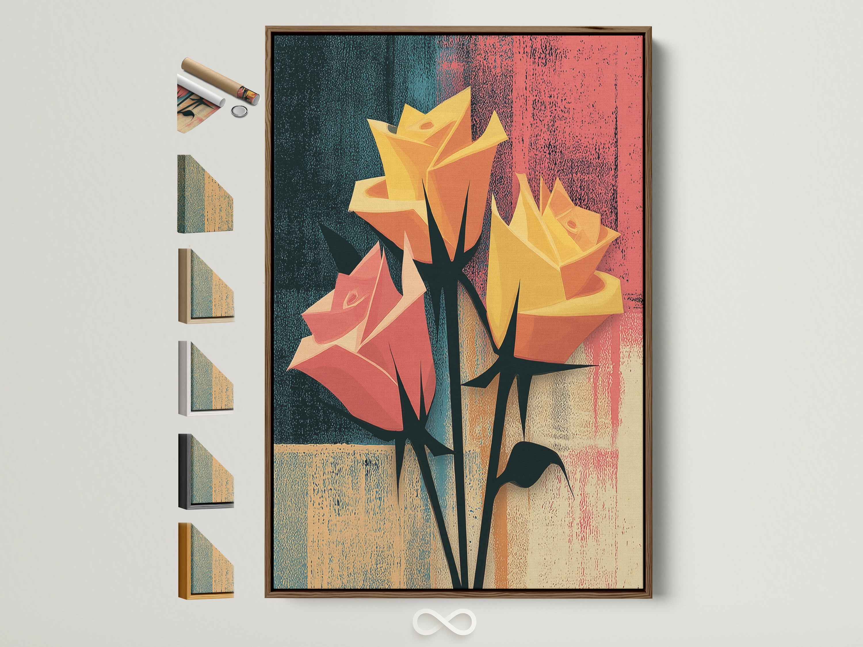 A brown frame displays a floral rose artwork. The abstract botanical wall art is modern. See all frame options available on the side. It is ideal for bedrooms living rooms hallways studios and lounges.