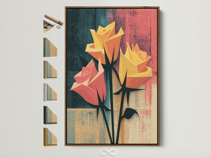 A brown frame displays a floral rose artwork. The abstract botanical wall art is modern. See all frame options available on the side. It is ideal for bedrooms living rooms hallways studios and lounges.