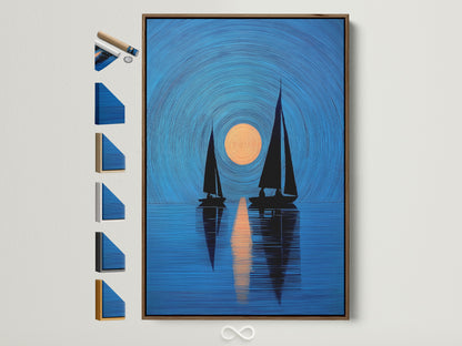 A brown frame displays nautical artwork. The art features navy blue sailboats and a sunset. Frame options are displayed. Perfect coastal artwork for bedroom or living room wall art. Elevate your home decor with this print. It complements minimalist Scandinavian or coastal styles.