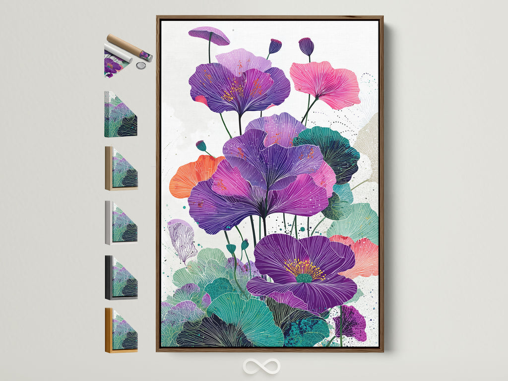 Floral Canvas Print with a Brown Frame. This vibrant botanical wall art features purple flower artwork. Perfect modern home art for living rooms bedrooms or offices. See all our frame options displayed.