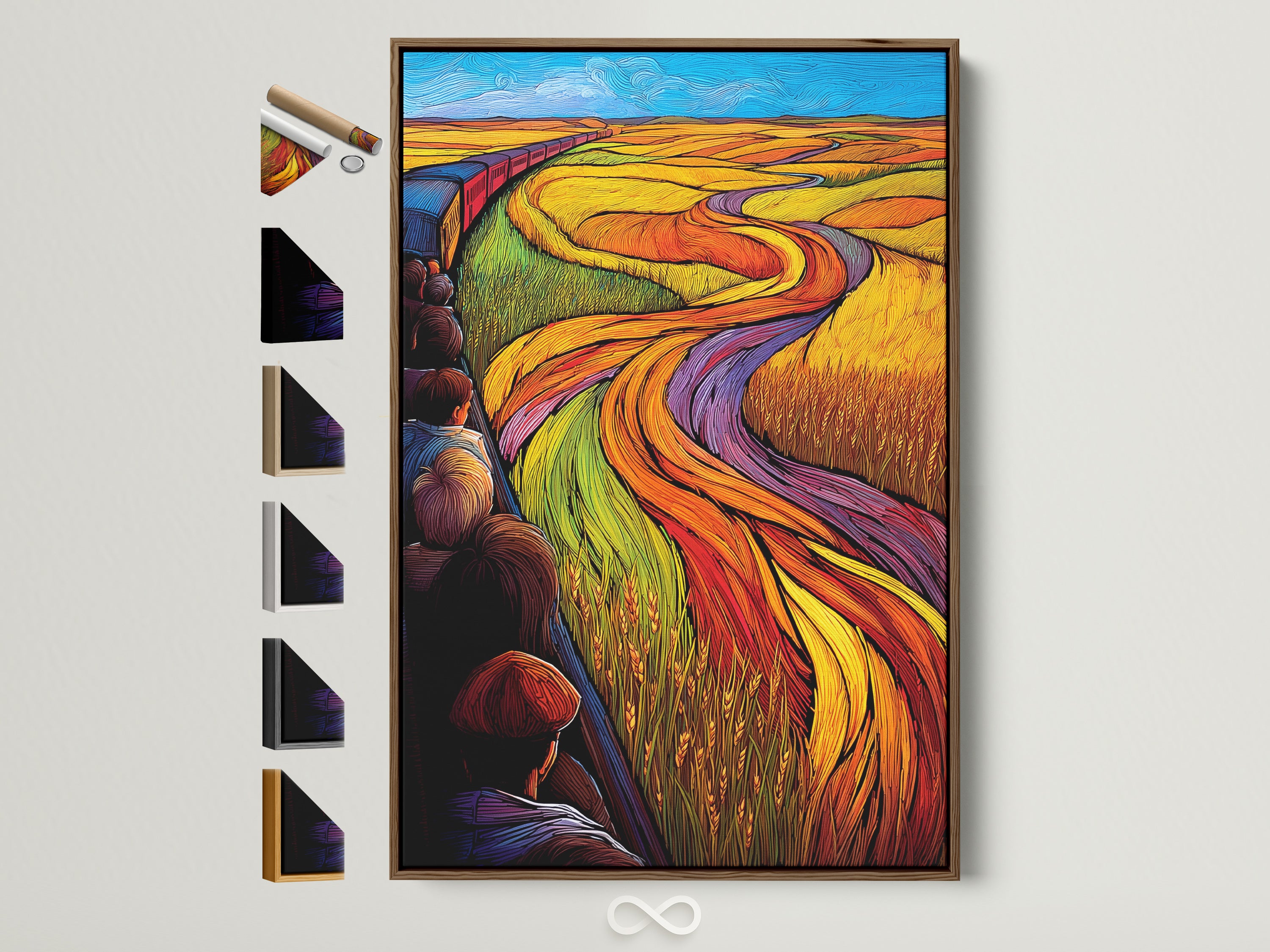 Brown frame displaying 'Train Journey' artwork with vibrant colors. Explore frame options showcasing various styles. This colorful landscape wall art adds a modern touch to any space. The train artwork brings a travel-inspired aesthetic to your decor. Elevate your home or office with this unique journey print.
