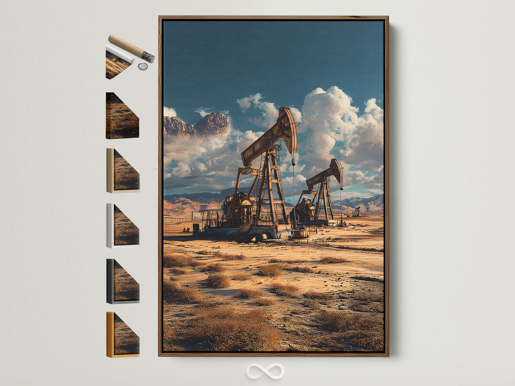 Oil Field Canvas Artwork with a Brown Frame. All frame options are displayed to the side. This desert landscape wall art is perfect for office or home decor. The earth tone decor adds a touch of industrial photography. View all frame options now!