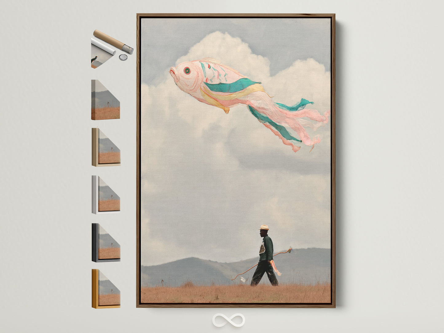 A surreal flying fish artwork in a brown frame is displayed. The artwork features a whimsical fish floating in a pastel sky. A figure walks below. The artwork adds a dreamlike touch to bedroom decor and other spaces. This artwork is suited for coastal minimalist or eclectic styles. Frame options are visible on the side.