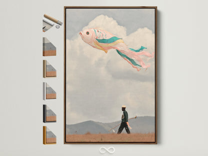 A surreal flying fish artwork in a brown frame is displayed. The artwork features a whimsical fish floating in a pastel sky. A figure walks below. The artwork adds a dreamlike touch to bedroom decor and other spaces. This artwork is suited for coastal minimalist or eclectic styles. Frame options are visible on the side.