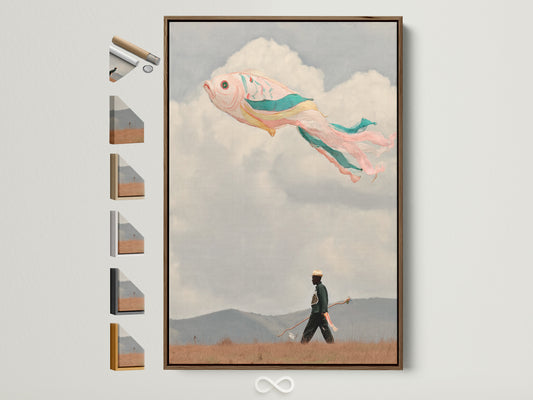 A surreal flying fish artwork in a brown frame is displayed. The artwork features a whimsical fish floating in a pastel sky. A figure walks below. The artwork adds a dreamlike touch to bedroom decor and other spaces. This artwork is suited for coastal minimalist or eclectic styles. Frame options are visible on the side.