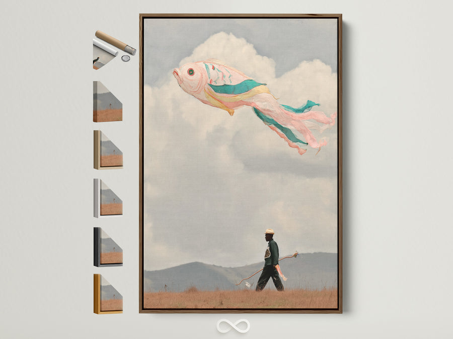 Whimsical pastel seascape with flying fish