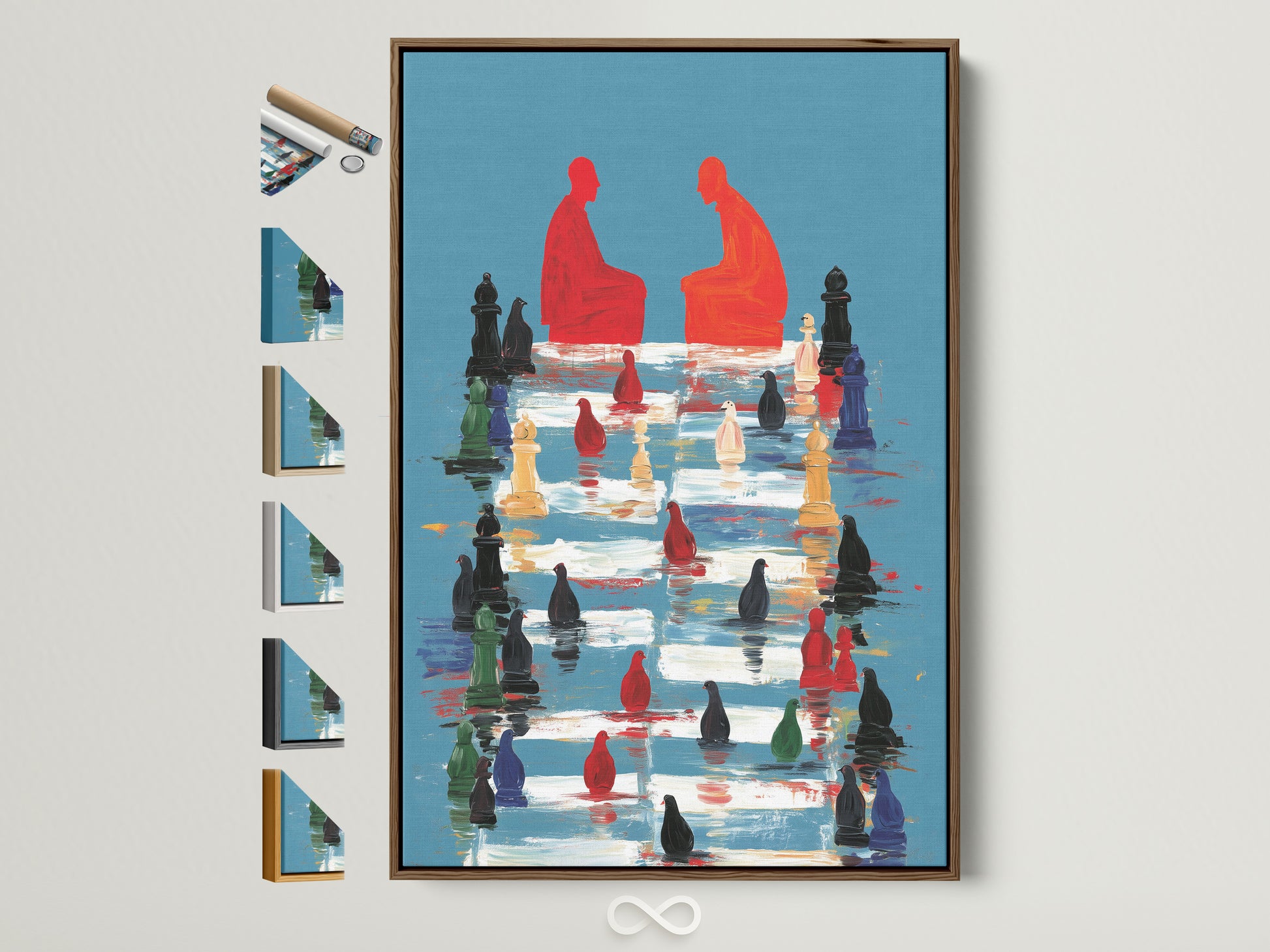 Abstract chess game artwork with a brown frame. See all available frame options displayed to the side. Teal and red hues create a modern intellectual aesthetic. A perfect strategy gift.