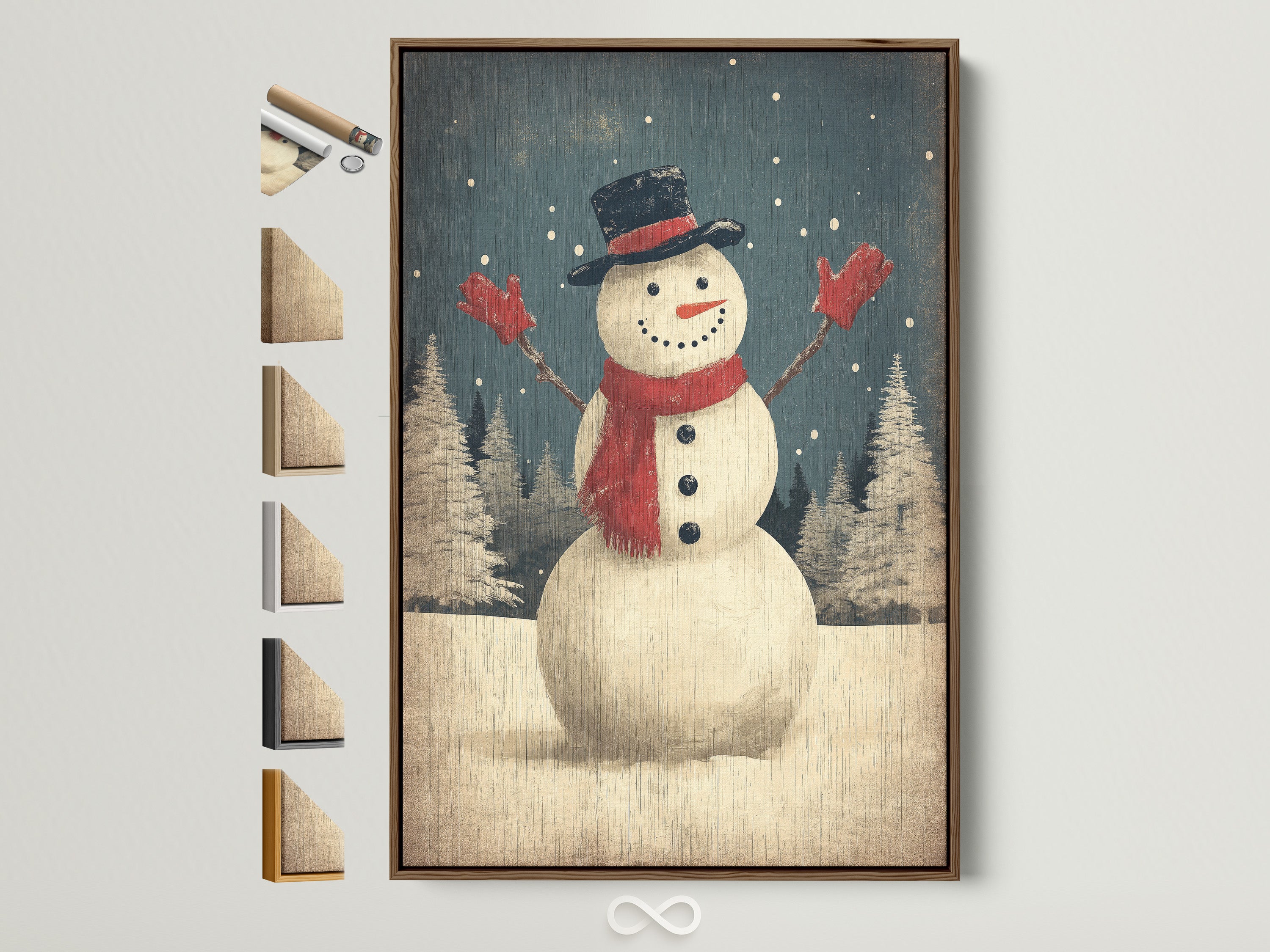 A rustic snowman winter art print is displayed in a brown frame. This holiday wall decor adds cozy farmhouse charm to any home. See the various frame options available for this christmas canvas art.