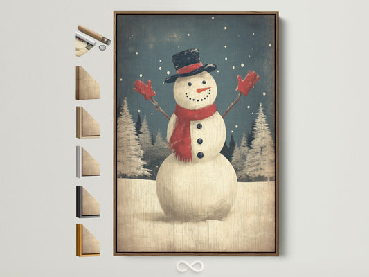 A rustic snowman winter art print is displayed in a brown frame. This holiday wall decor adds cozy farmhouse charm to any home. See the various frame options available for this christmas canvas art.