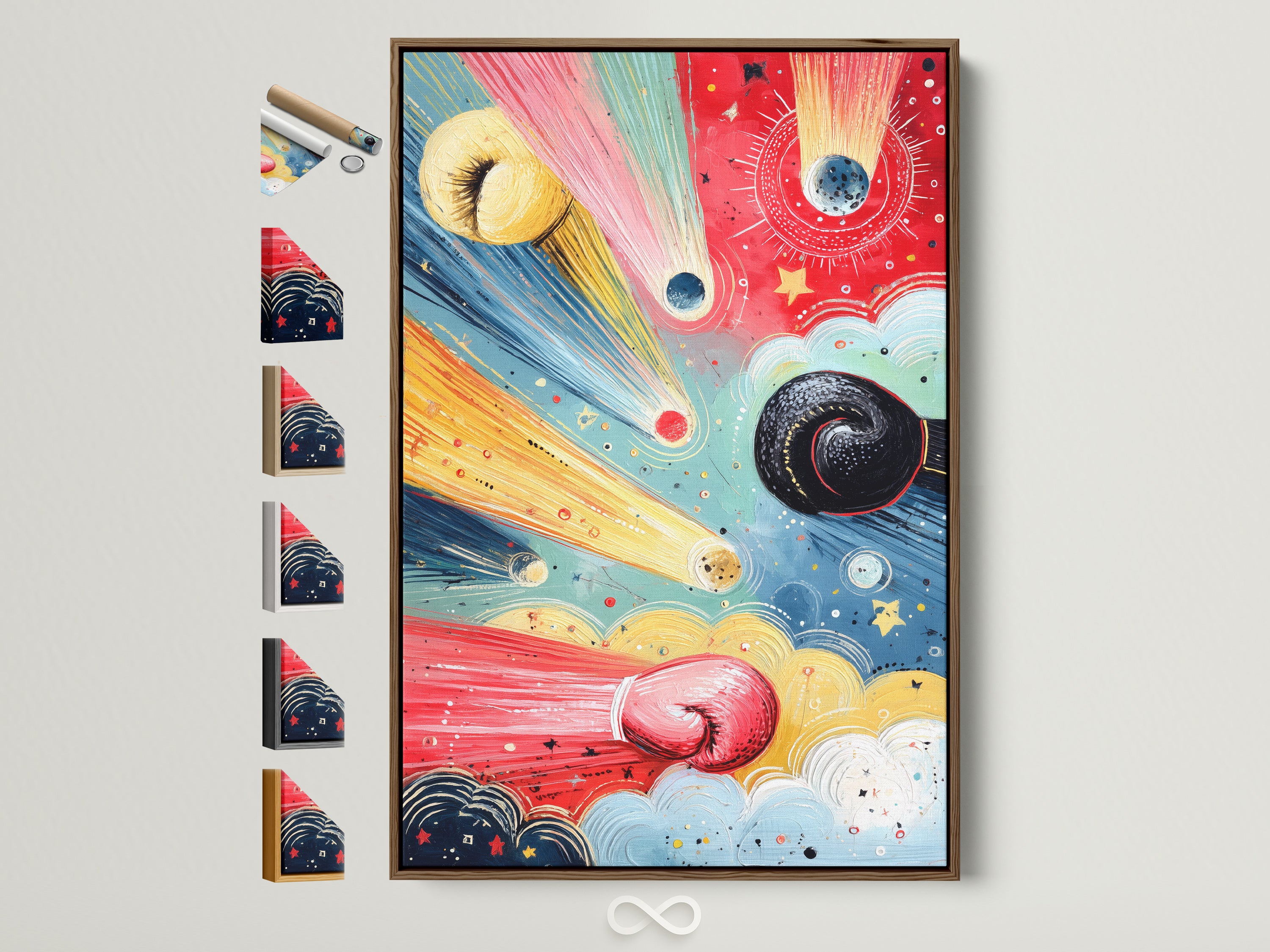 Abstract boxing gloves art print in a brown frame. Multiple frame options are displayed on the side. This sports artwork adds a modern touch to any room. It's perfect for fitness enthusiasts and boxing fans. Elevate your space with this unique piece of art. It's ideal for home or gym decor. This colorful artwork will inspire your workout.