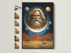 Cosmic Portrait Wall Art is displayed in a brown frame. This surreal space canvas print features a celestial man in the moon. The artwork adds a mystical touch to any home or office decor. Notice the all frame options available on the side. It blends Southwestern style with beige and blue hues.
