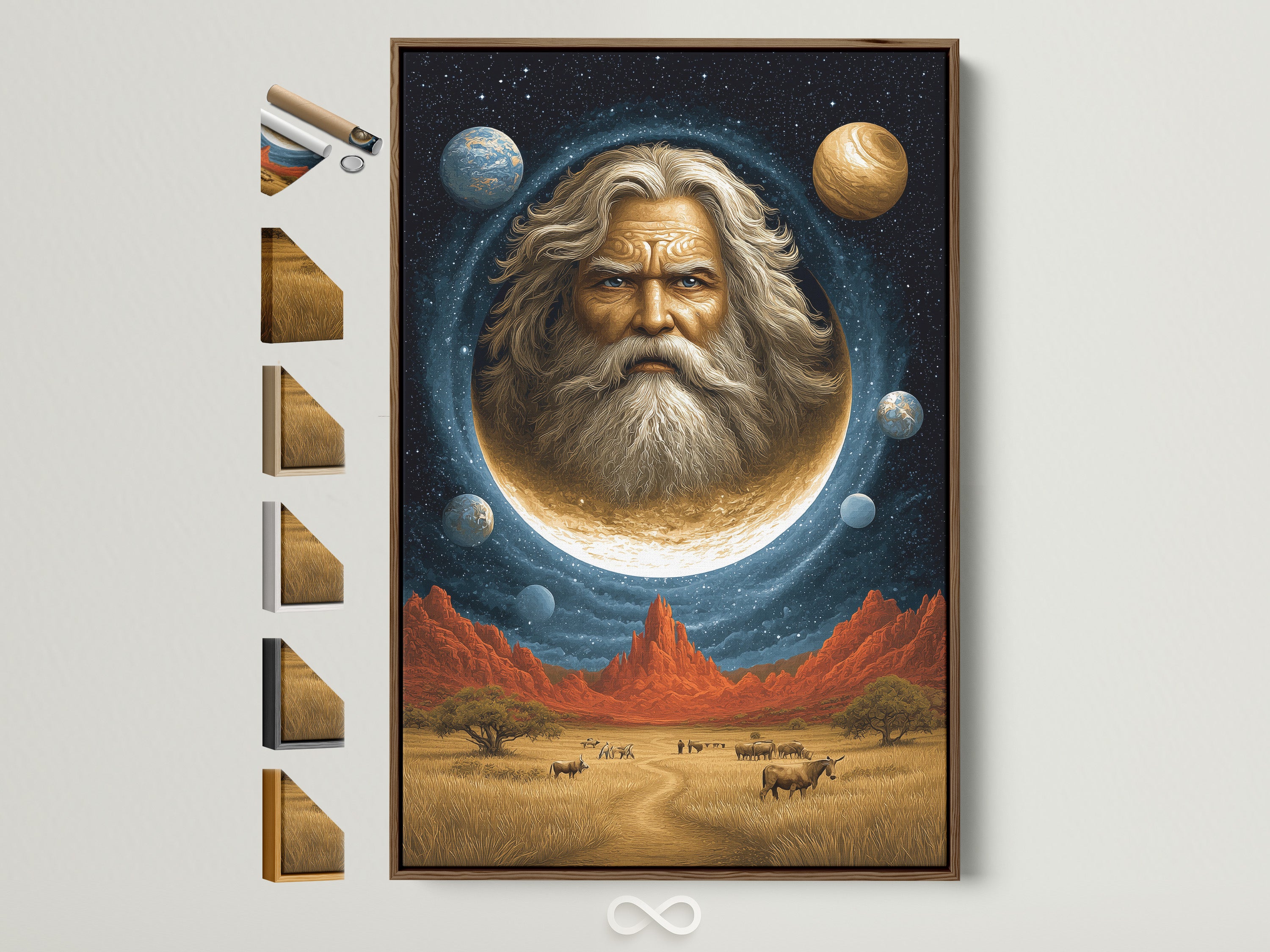 Cosmic Portrait Wall Art is displayed in a brown frame. This surreal space canvas print features a celestial man in the moon. The artwork adds a mystical touch to any home or office decor. Notice the all frame options available on the side. It blends Southwestern style with beige and blue hues.