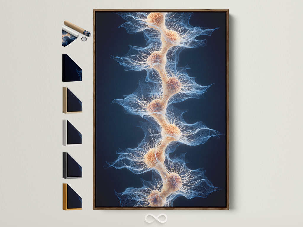 A framed artwork is displayed showing all available frame options. The art has a light brown frame. Other frame styles are displayed on the side. A great way to compare the different styles. Find the perfect style for your artwork today. 