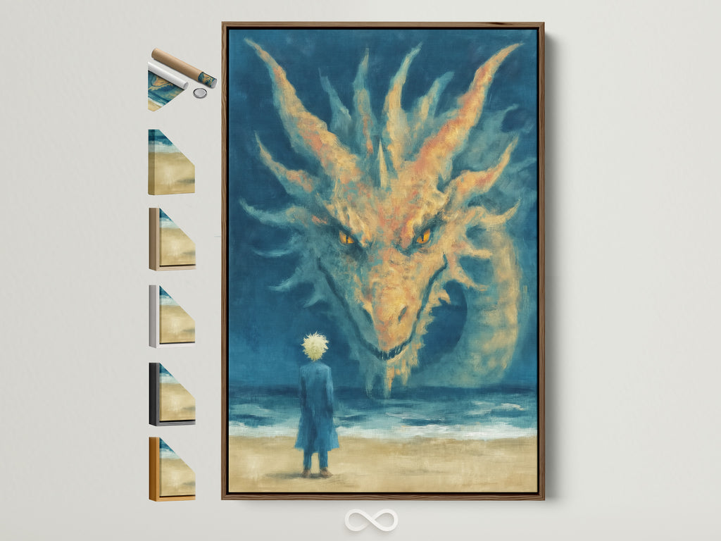 A mystical dragon art print is displayed in a light brown frame. The artwork features a surreal ocean scene. A small figure stands before a massive dragon. This fantasy creature artwork is perfect for adding a touch of magic to any room. See frame options beside the art.