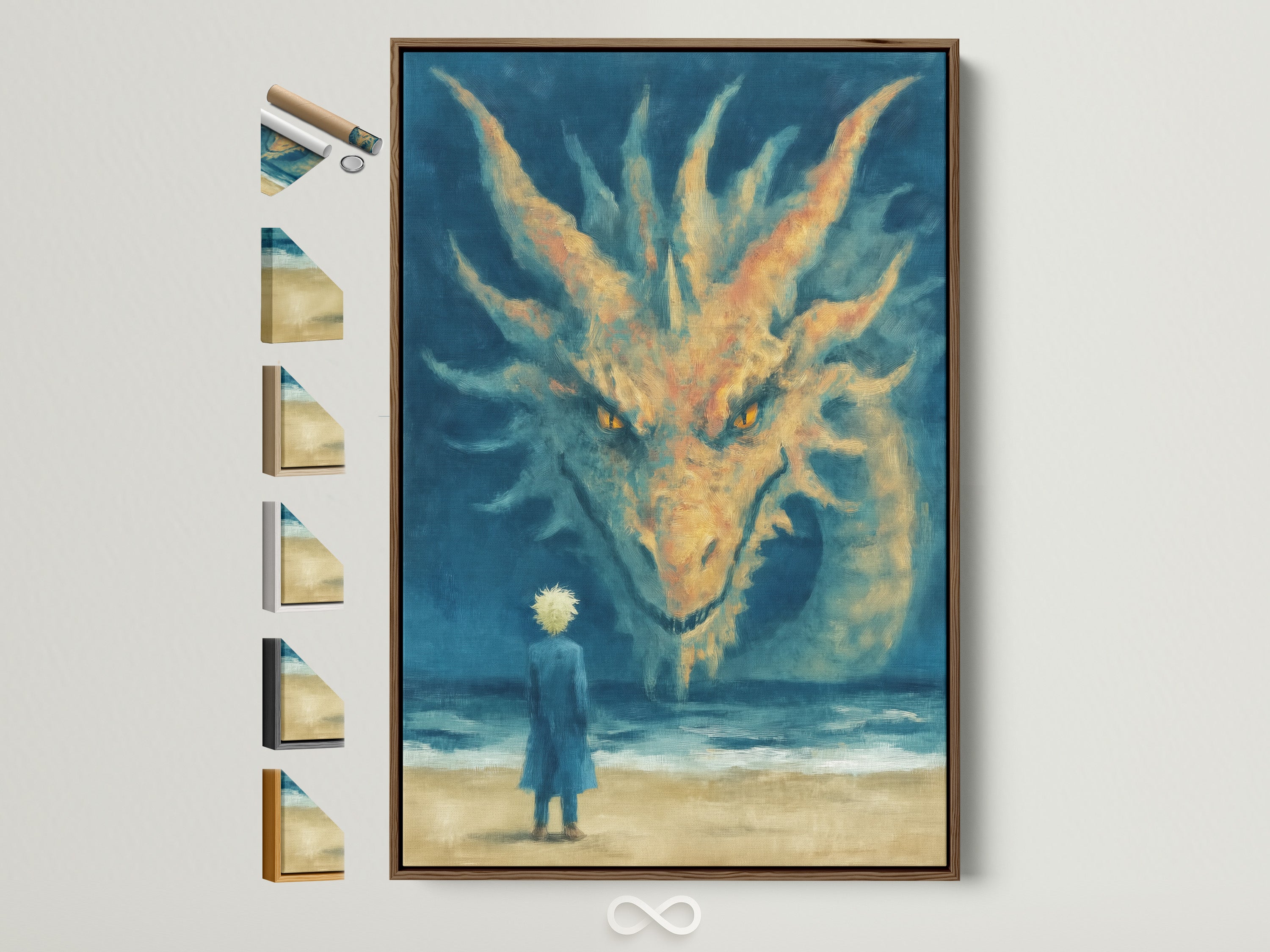 A mystical dragon art print is displayed in a light brown frame. The artwork features a surreal ocean scene. A small figure stands before a massive dragon. This fantasy creature artwork is perfect for adding a touch of magic to any room. See frame options beside the art.