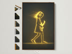 Explore our Guitar Player Canvas Art in a brown frame. See frame options displayed beside the artwork. The electric neon wall art creates a golden light. It is perfect music room decor. This musician print is ideal for studio wall decor.