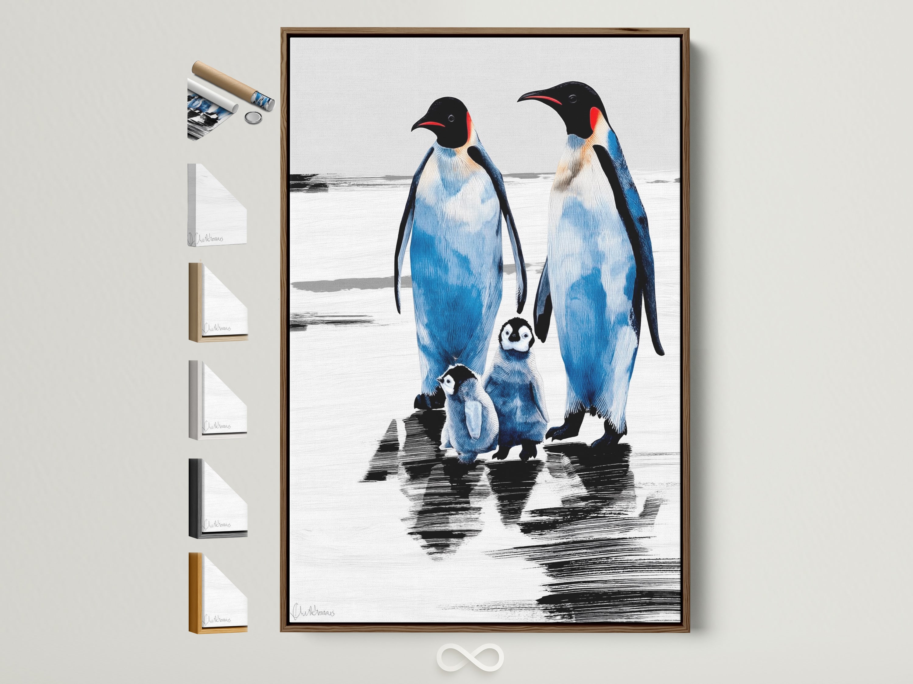 Penguin Family Art Print in a brown frame. This arctic wildlife canvas art is perfect coastal wall decor for a nursery. It is also a great gift for any animal lover. The frame options are displayed on the side.