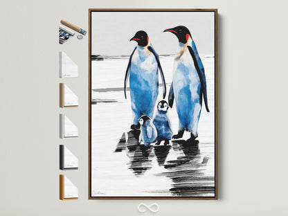 Penguin Family Art Print in a brown frame. This arctic wildlife canvas art is perfect coastal wall decor for a nursery. It is also a great gift for any animal lover. The frame options are displayed on the side.